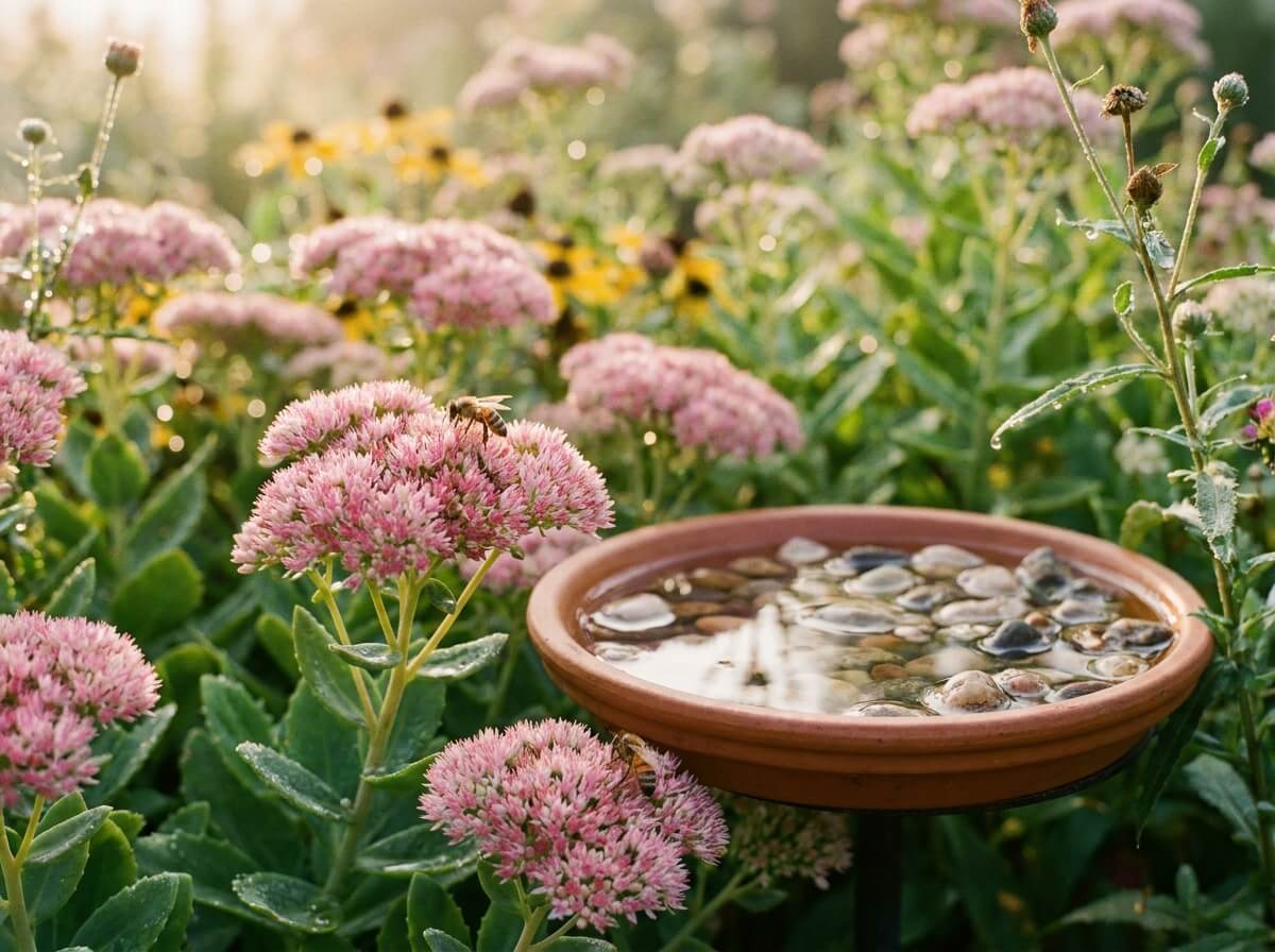 Abeille butinant un orpin d'automne tôt le matin près d'une coupelle d'eau avec cailloux