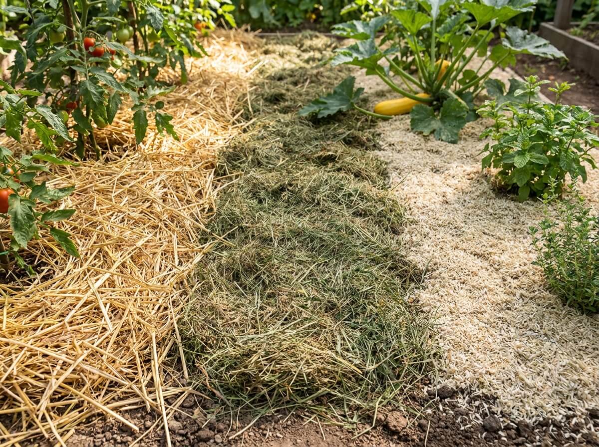 Trois matériaux de paillage côte à côte sur une planche de potager : paille, tonte séchée, chanvre