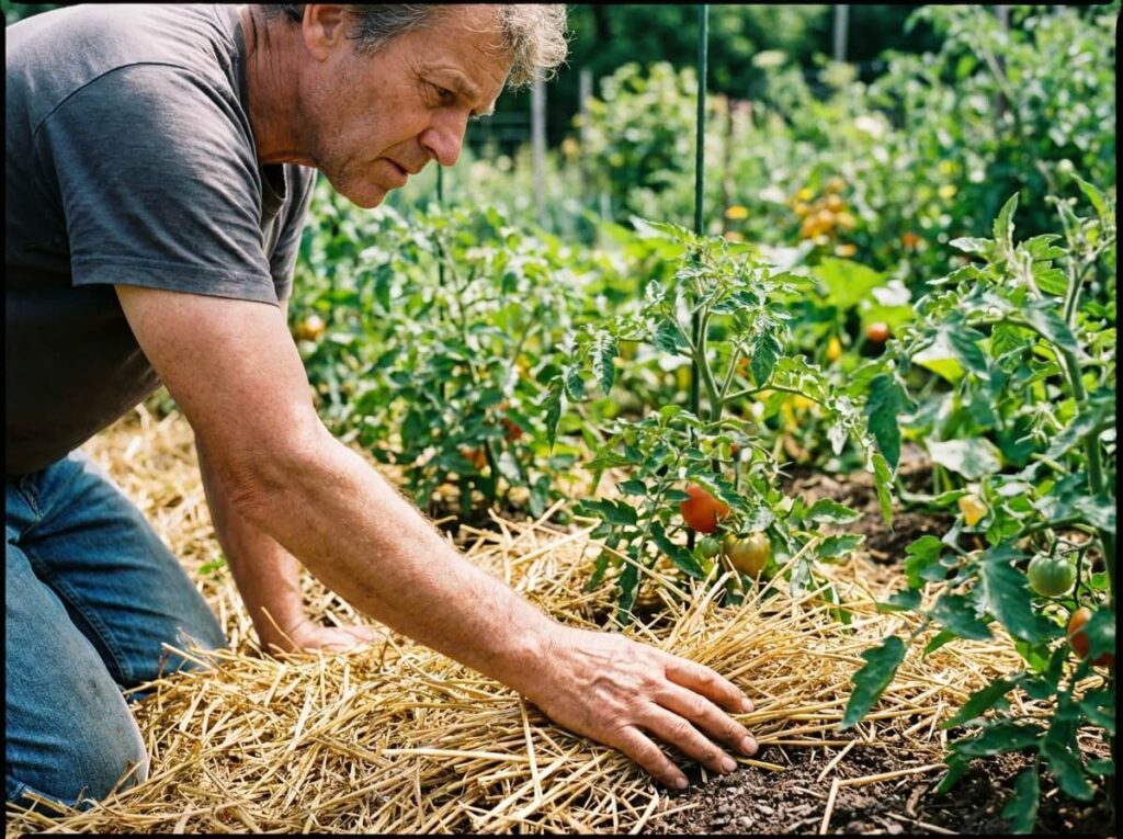 Main de jardinier étalant de la paille au pied de plants de tomates au potager en été