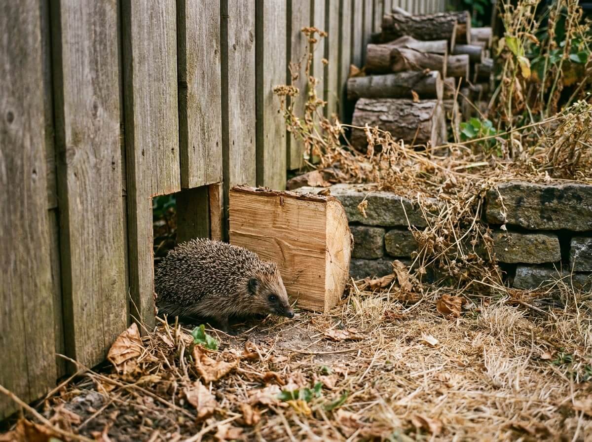 Passage de 13 cm découpé au bas d'une clôture en bois pour laisser circuler un hérisson