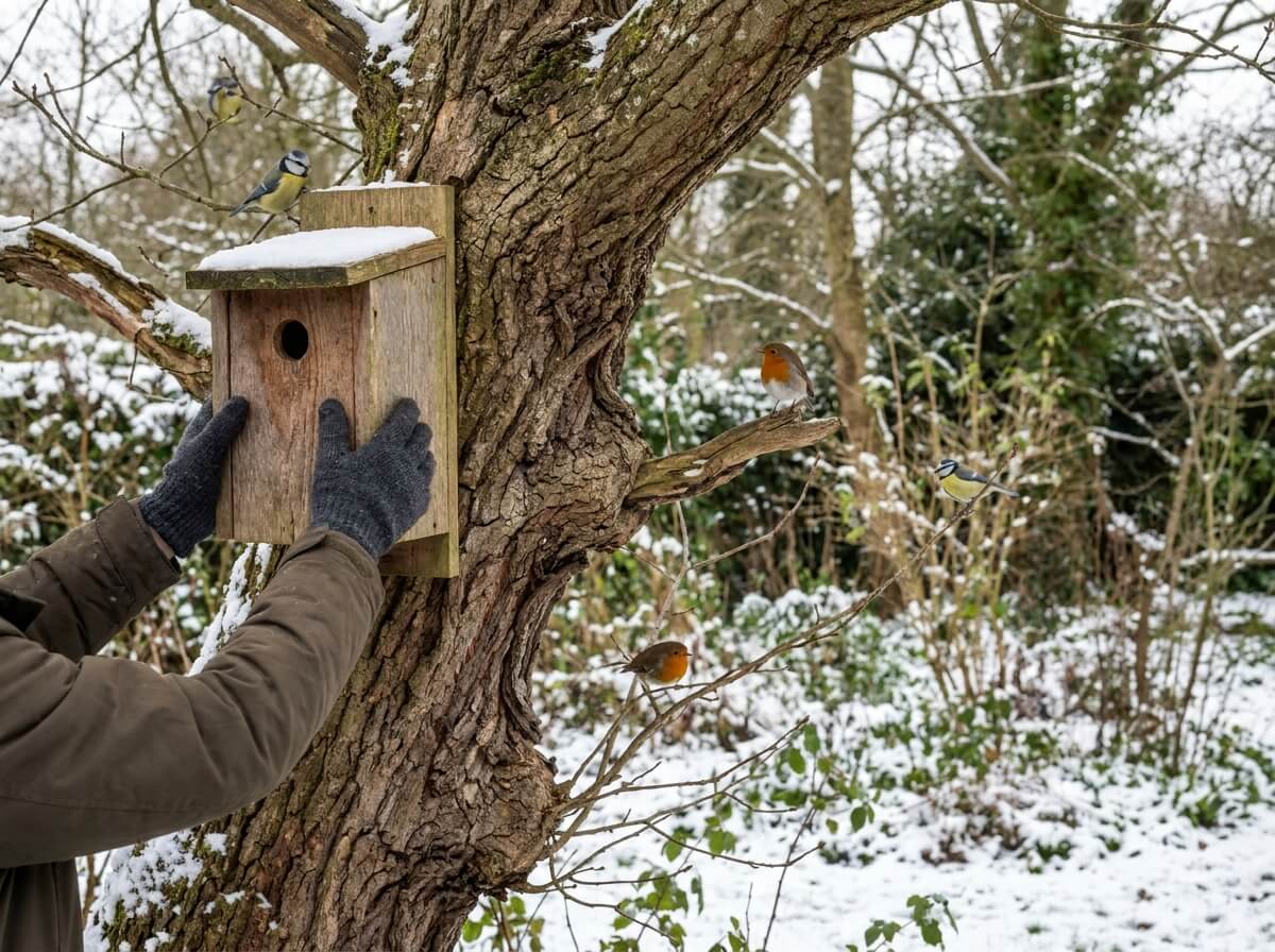 Mains fixant un nichoir en bois brut à trois mètres de hauteur sur un tronc d'arbre