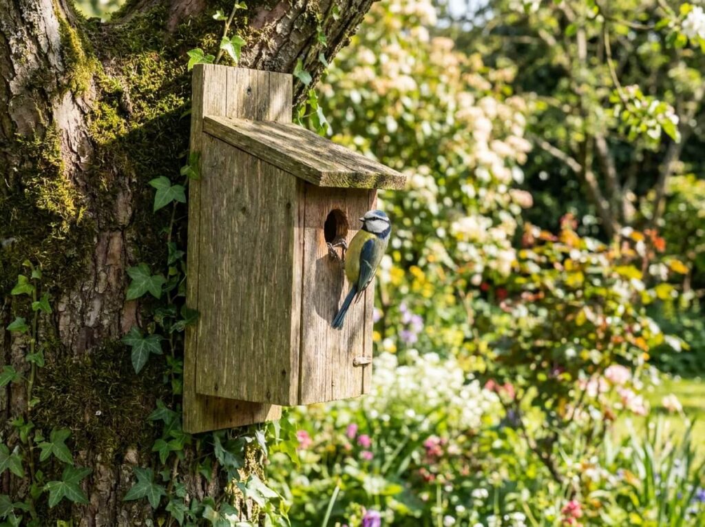 Mésange bleue perchée à l'entrée d'un nichoir en bois fixé sur un tronc, jardin ensoleillé