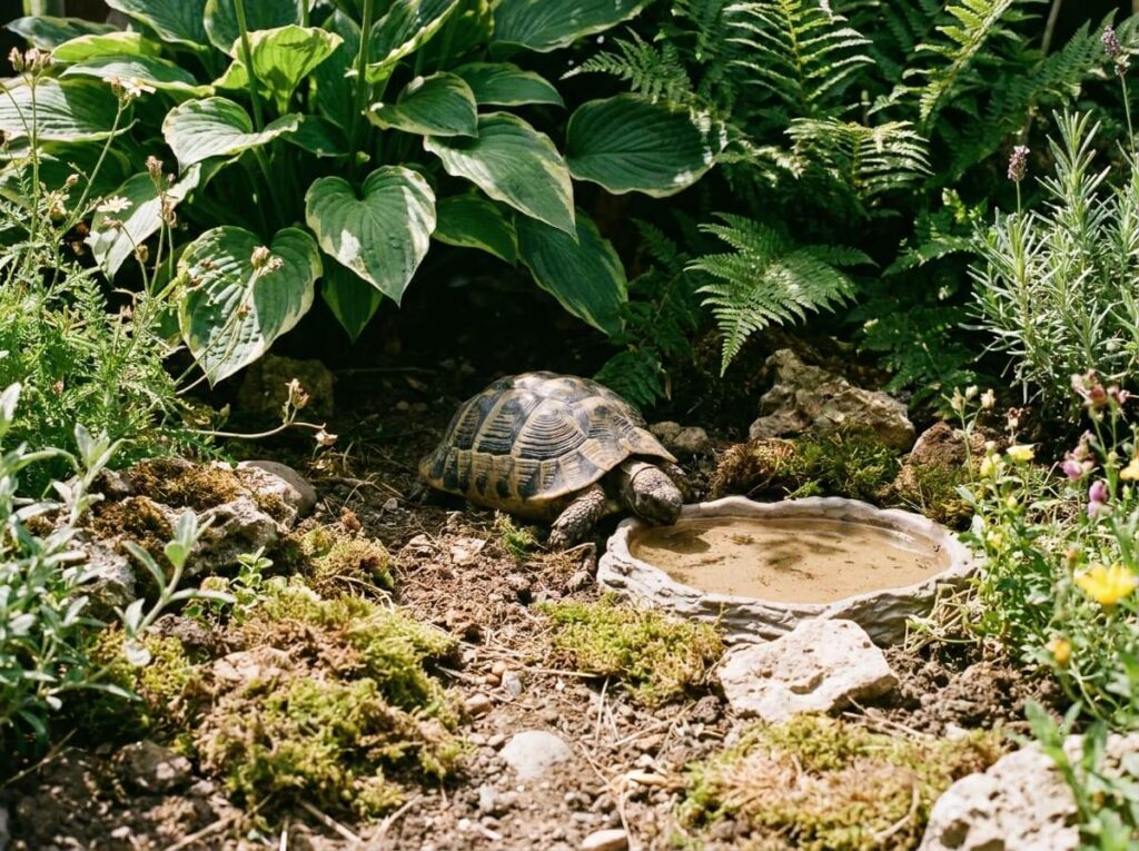 Tortue de Hermann à l'ombre d'un massif dans un enclos de jardin en été