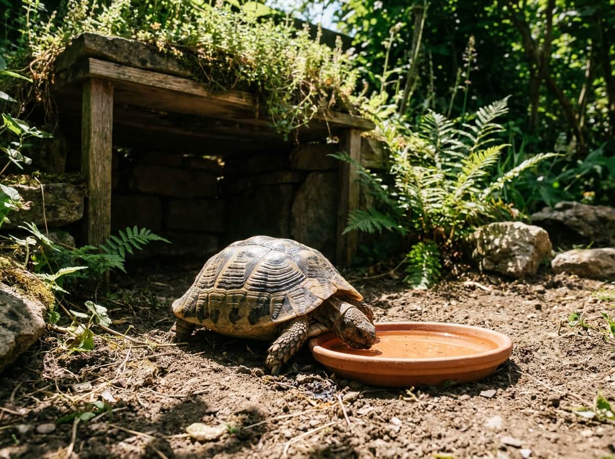 Tortue terrestre buvant dans une soucoupe d'eau peu profonde posée au sol