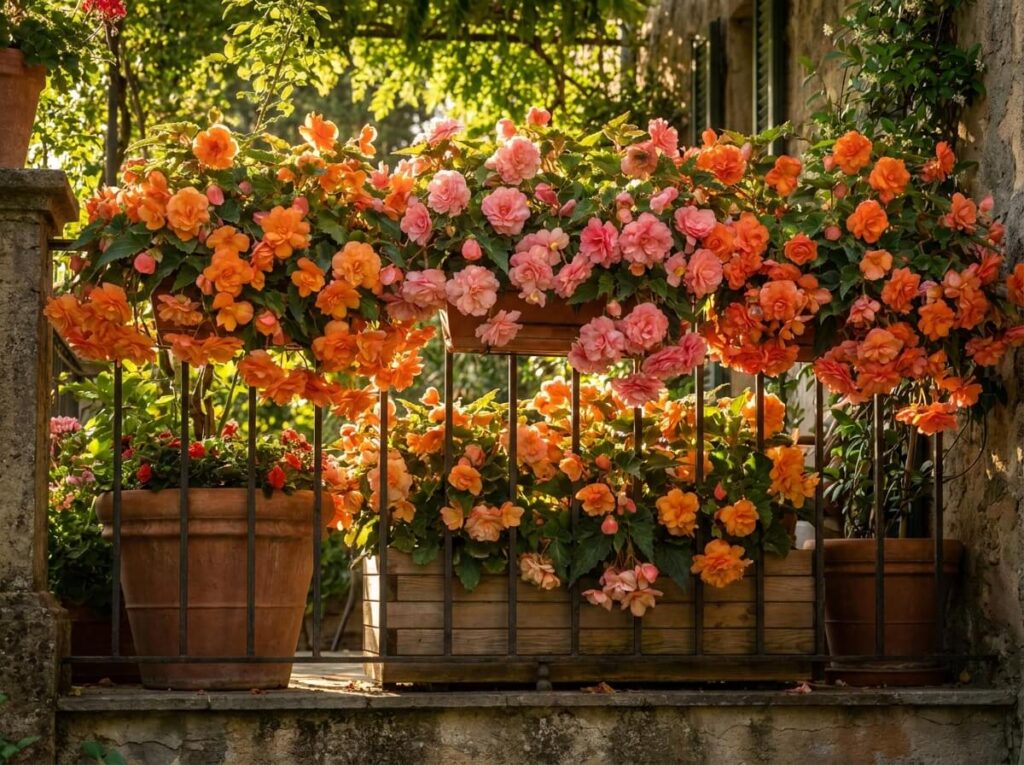 Bégonias tubéreux à fleurs doubles orange et rose en jardinière sur un balcon ombragé