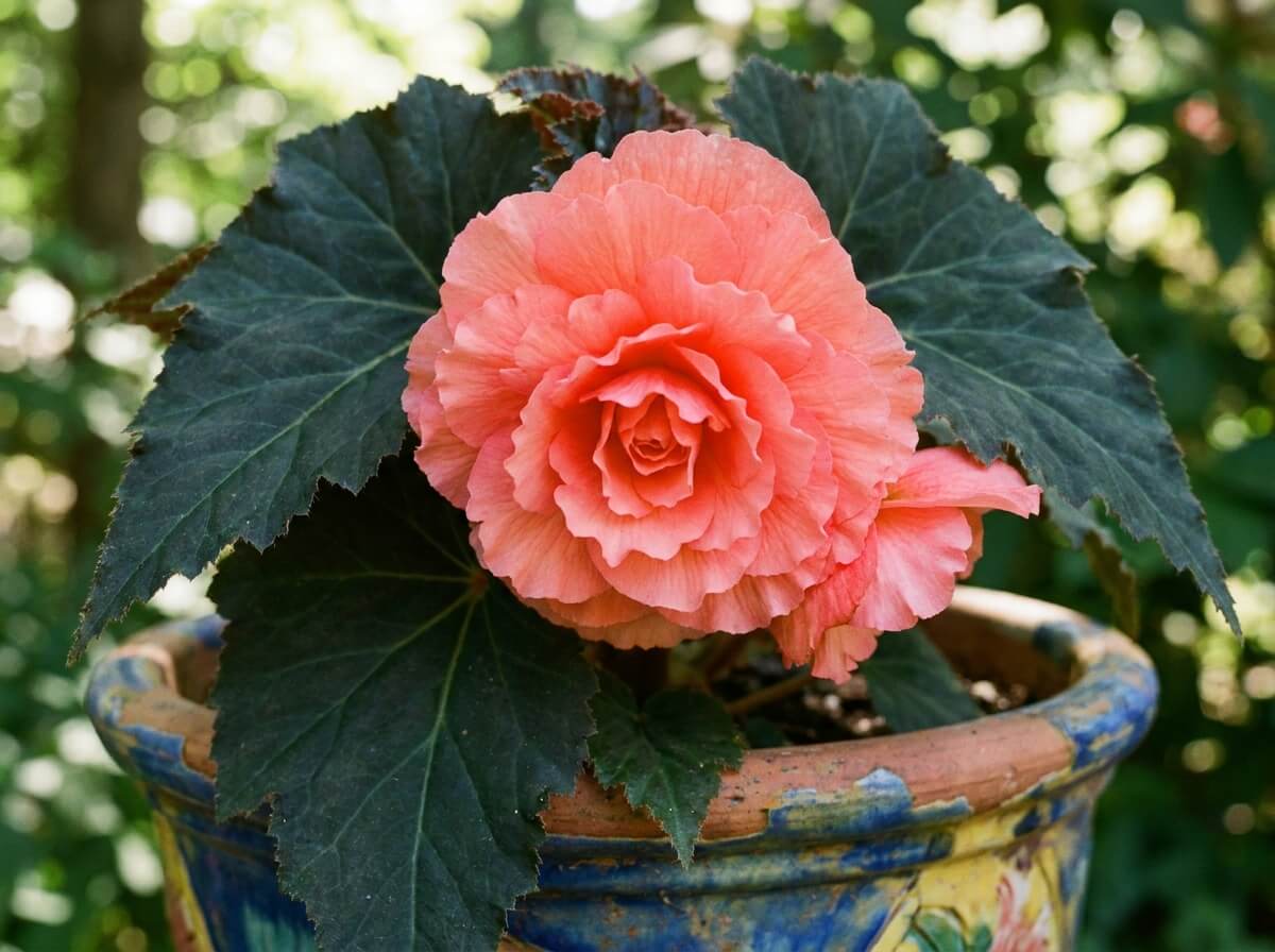 Gros plan sur une fleur double de bégonia tubéreux et son feuillage asymétrique vert foncé