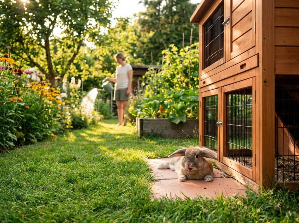 Lapin nain allongé sur un carreau de terre cuite à l'ombre, oreilles écartées par la chaleur