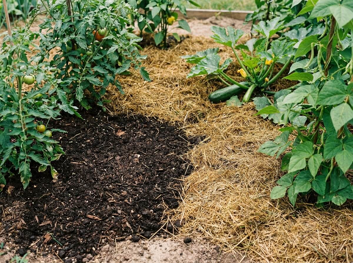 Paillage de tonte et compost étalé au pied de légumes sur une terre sableuse améliorée