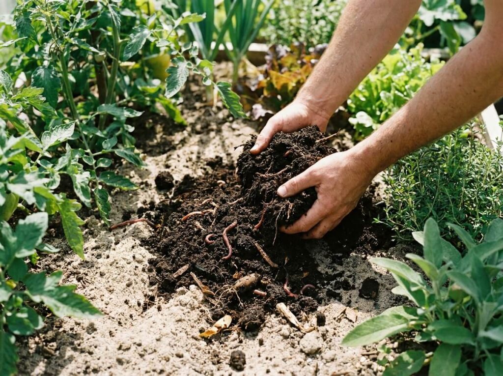 Mains de jardinier mélangeant du compost sombre à un sol sableux clair dans un potager ensoleillé