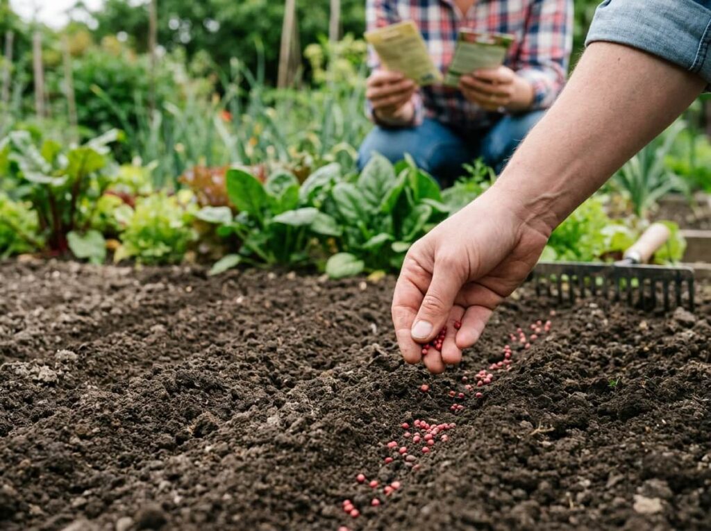 Main semant des graines de radis en ligne dans une planche de potager fraîchement ratissée en été