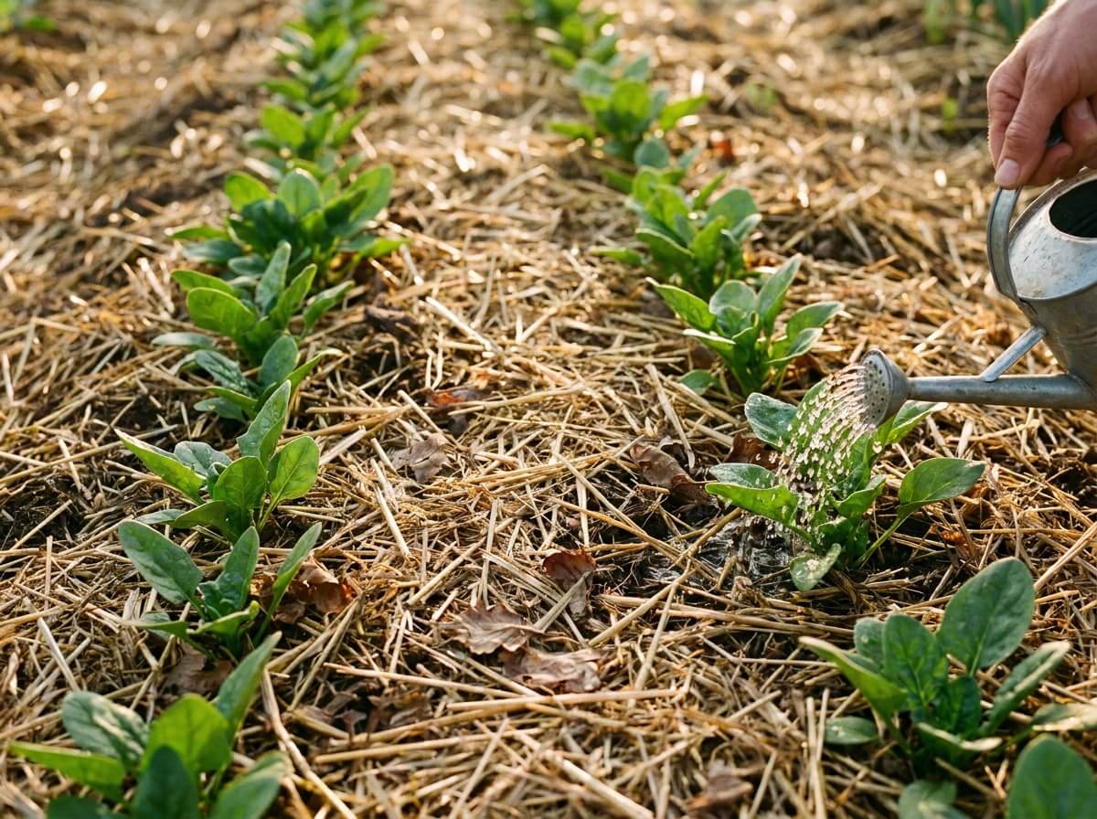 Jeunes plants d'épinard éclaircis en rangs sur sol paillé, arrosage au pied en fin de journée