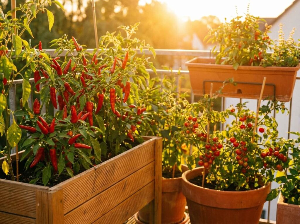 Balcon plein ouest baigné de lumière dorée, bacs débordants de piments rouges et tomates cerises