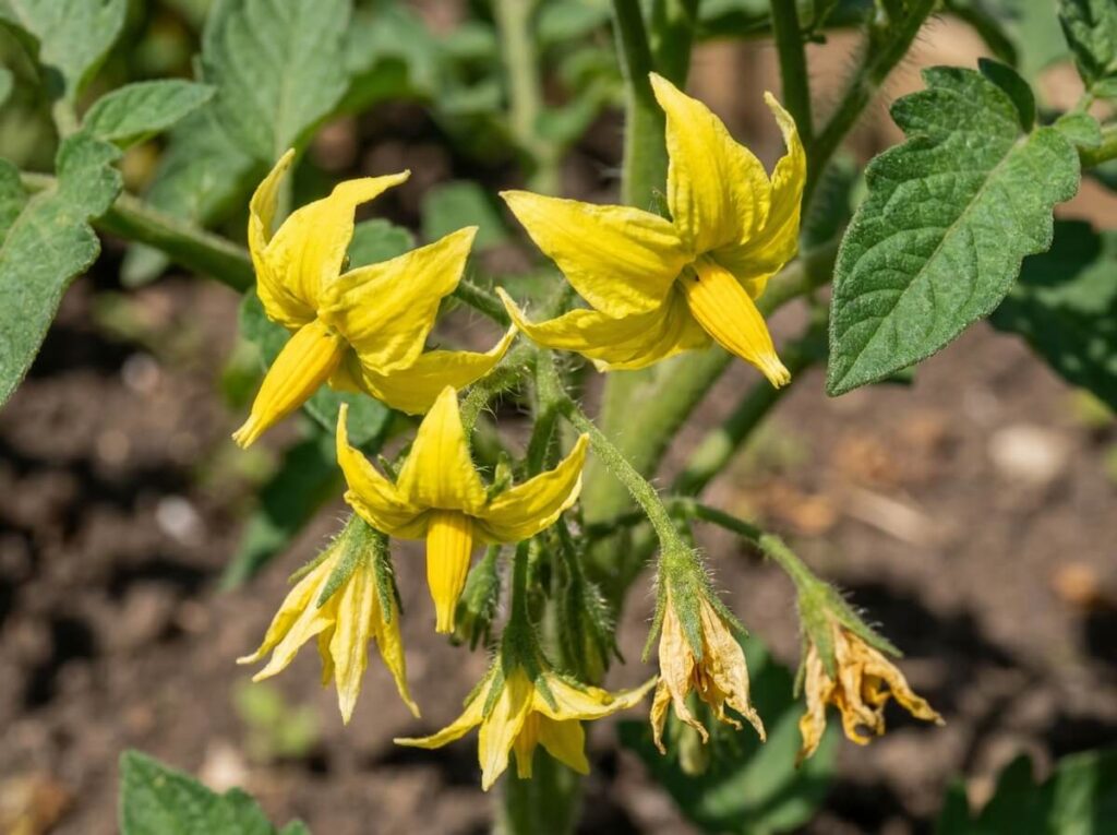 Fleurs de tomate jaunes en gros plan sur un pied au potager sous le soleil d'été