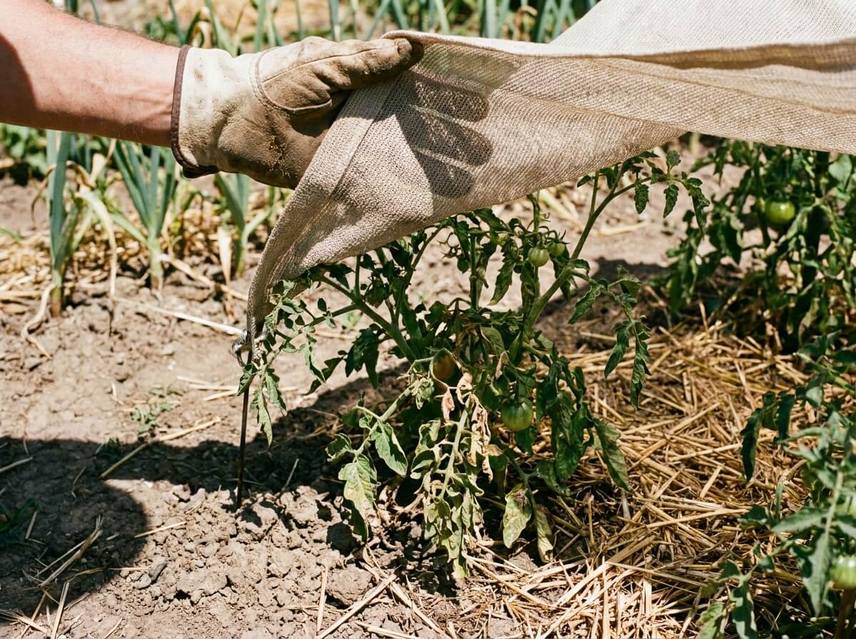Main d'un jardinier ombrant un plant de tomate avec un voile pendant la canicule