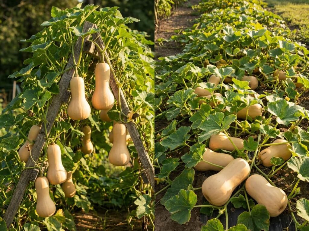 Butternuts beiges brillantes suspendues à un treillis, feuillage vert dense, lumière dorée de fin d'été