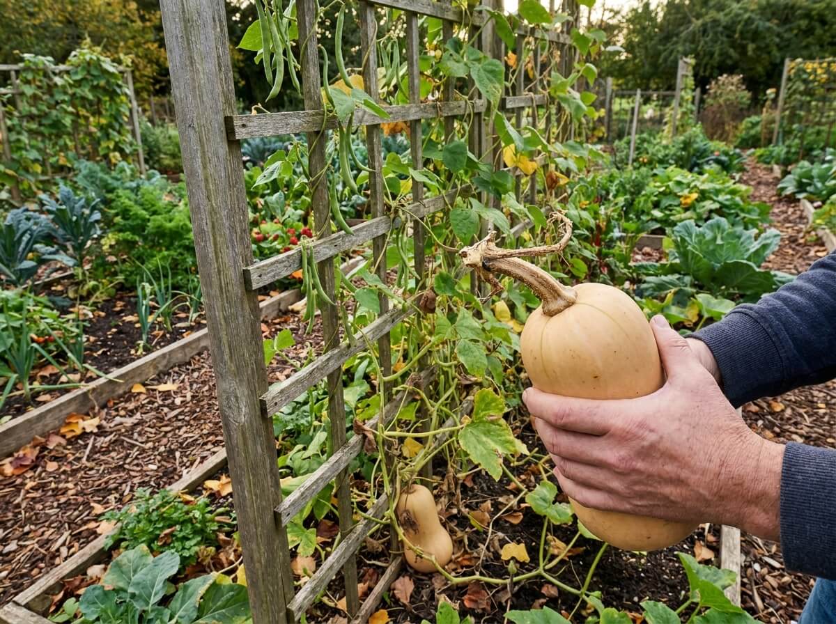 Mains récoltant une courge butternut au pédoncule sec et liégeux dans un potager d'automne
