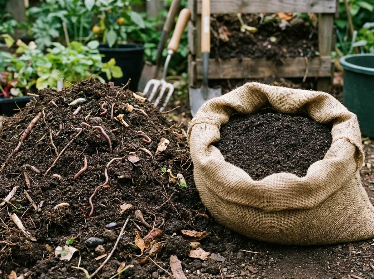 Comparaison entre un tas de terre végétale locale et un sac de terreau du commerce
