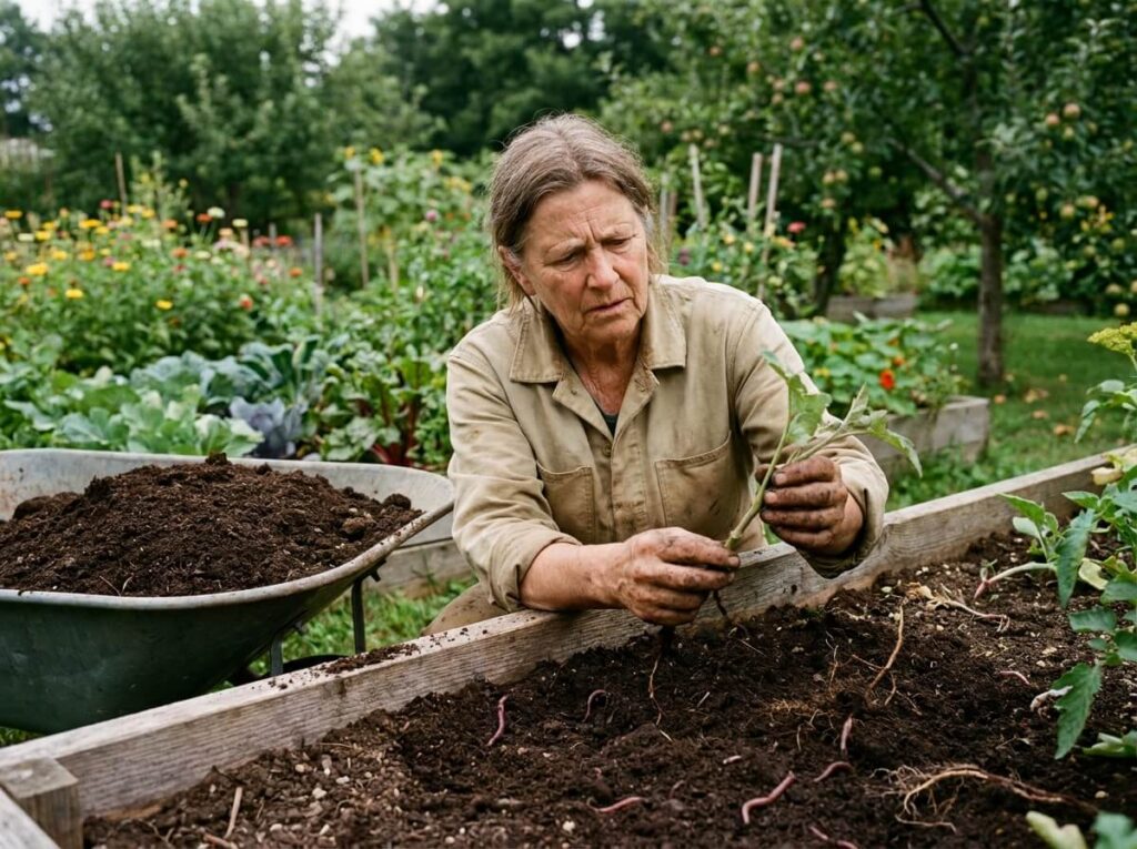Jardinier remplissant un carré potager avec de la terre végétale brune riche en humus