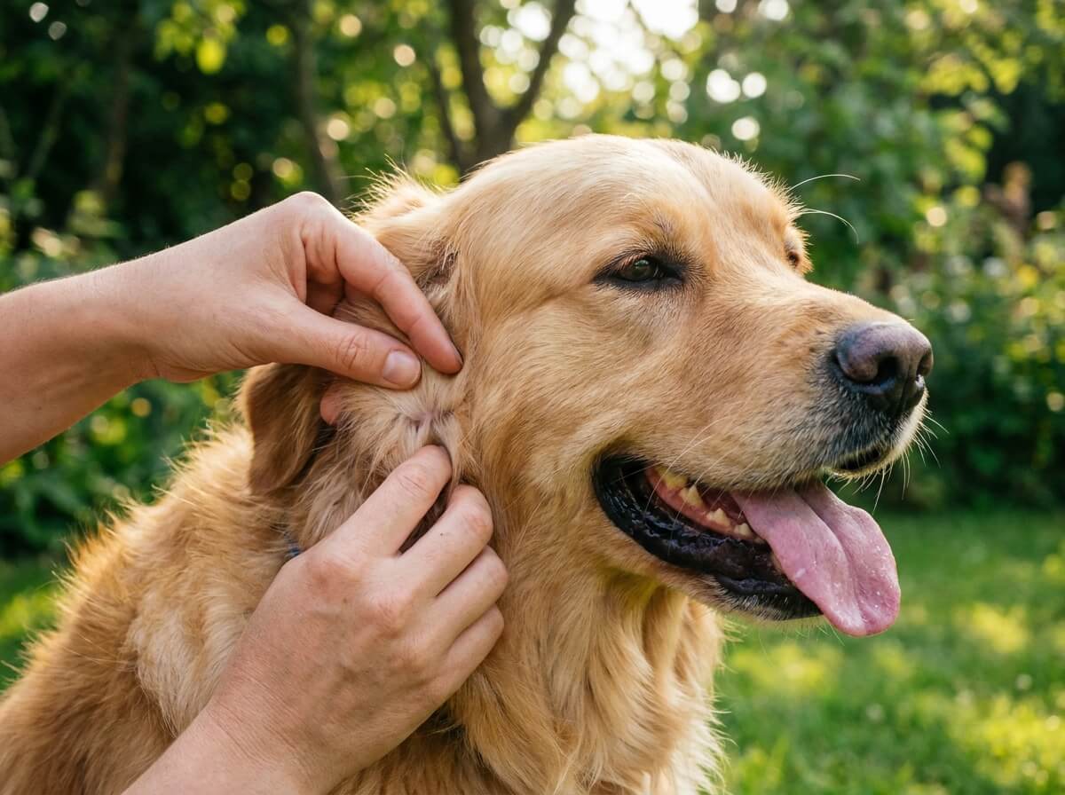 Gros plan sur les doigts écartant le poil d'un chien pour inspecter la peau à la recherche de tiques