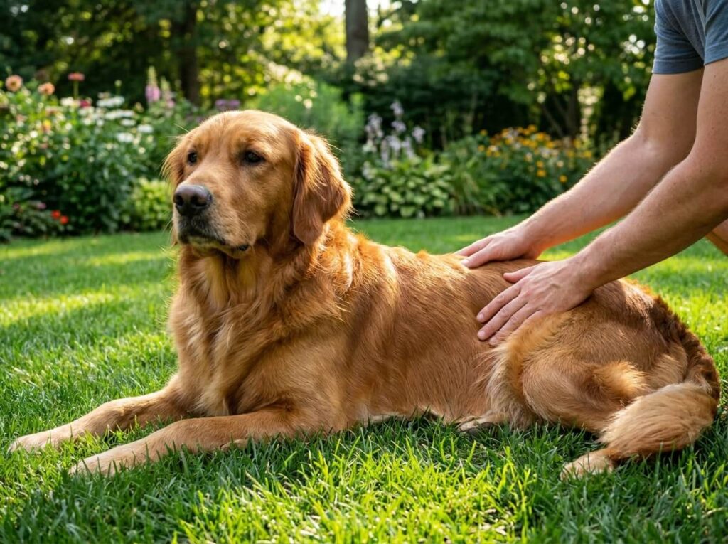 Chien golden retriever couché dans l'herbe verte, poil brillant inspecté à la main par son maître