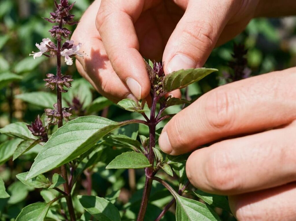 Mains pinçant l'extrémité d'un plant de basilic thaï aux tiges violettes en plein soleil