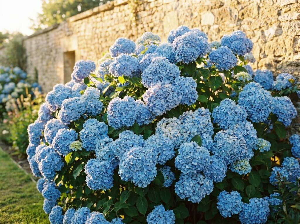 Massif d'hortensias bleu azur aux immenses têtes fleuries devant un mur de pierre ensoleillé