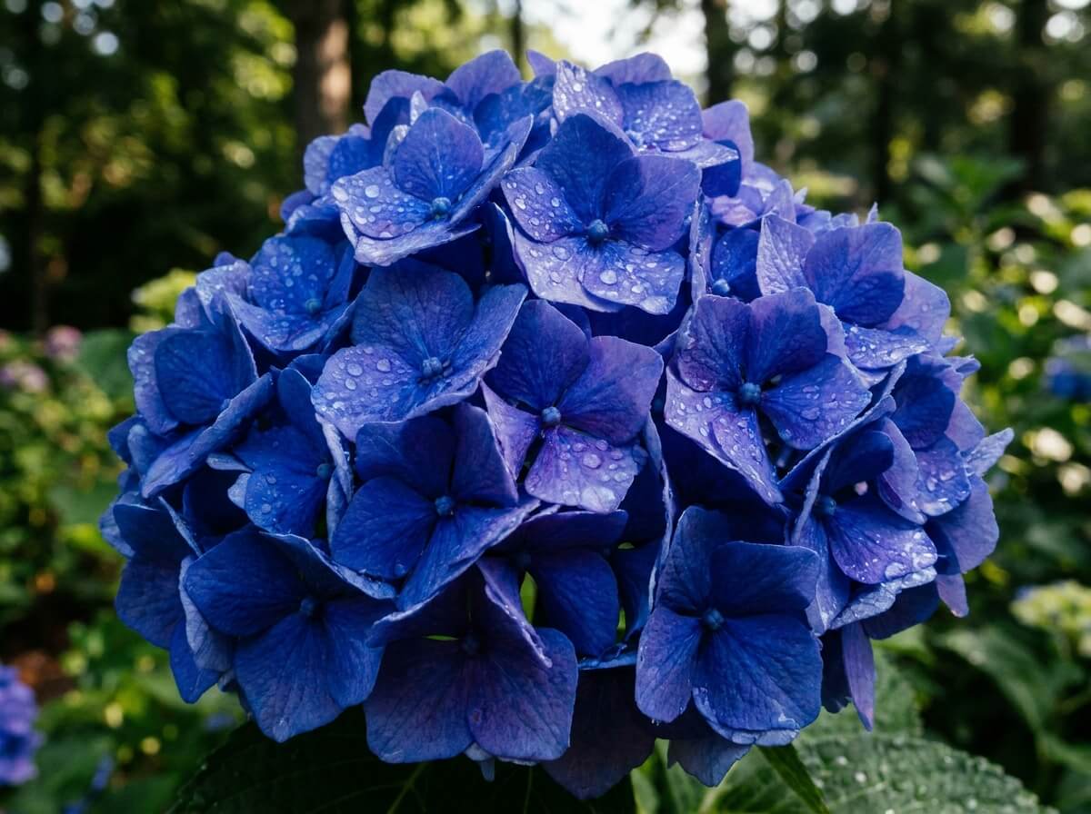 Gros plan sur une inflorescence d'hortensia bleu intense avec gouttes de rosée du matin