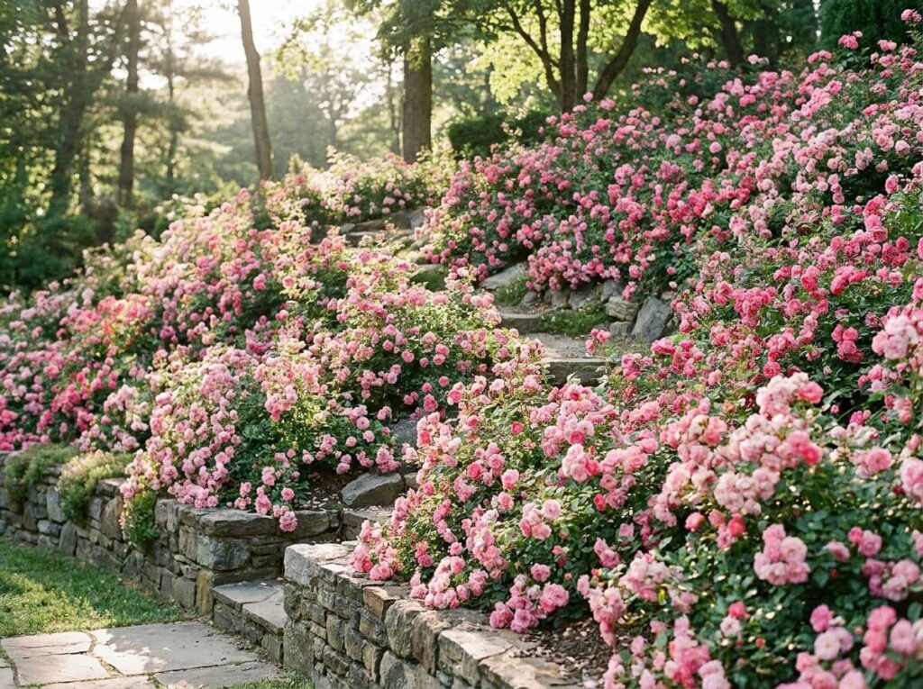 Talus en pente couvert de rosiers couvre-sol roses en pleine floraison estivale au jardin