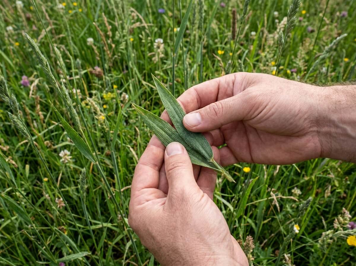 Feuilles larges pliées en carène du dactyle pelotonné tenues entre les doigts, gros plan