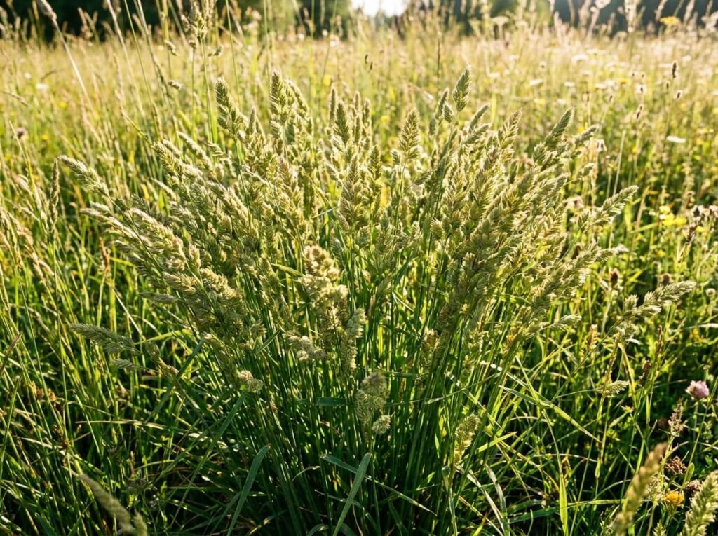 Touffes vertes et denses de dactyle pelotonné dans une prairie ensoleillée en plein été