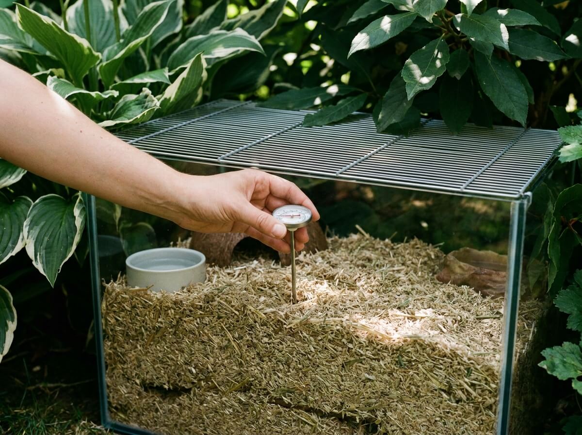 Main posant un thermomètre à hauteur de litière dans une cage de hamster placée à l'ombre