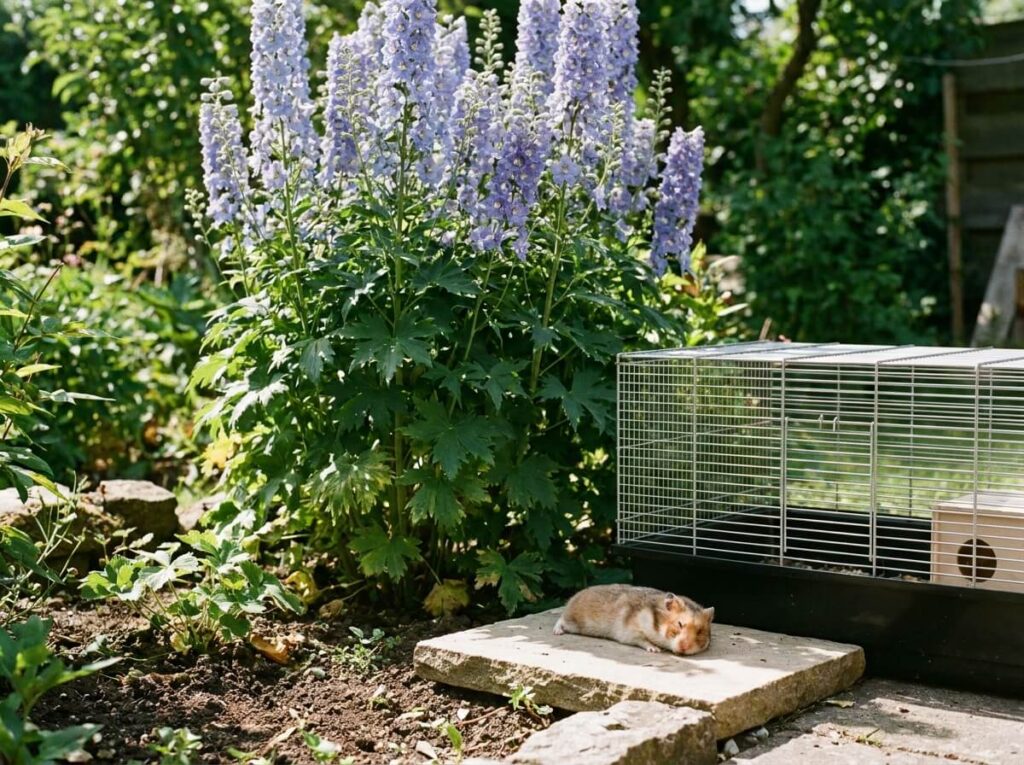Hamster chinois couché à plat sur une dalle de grès fraîche dans sa cage en été