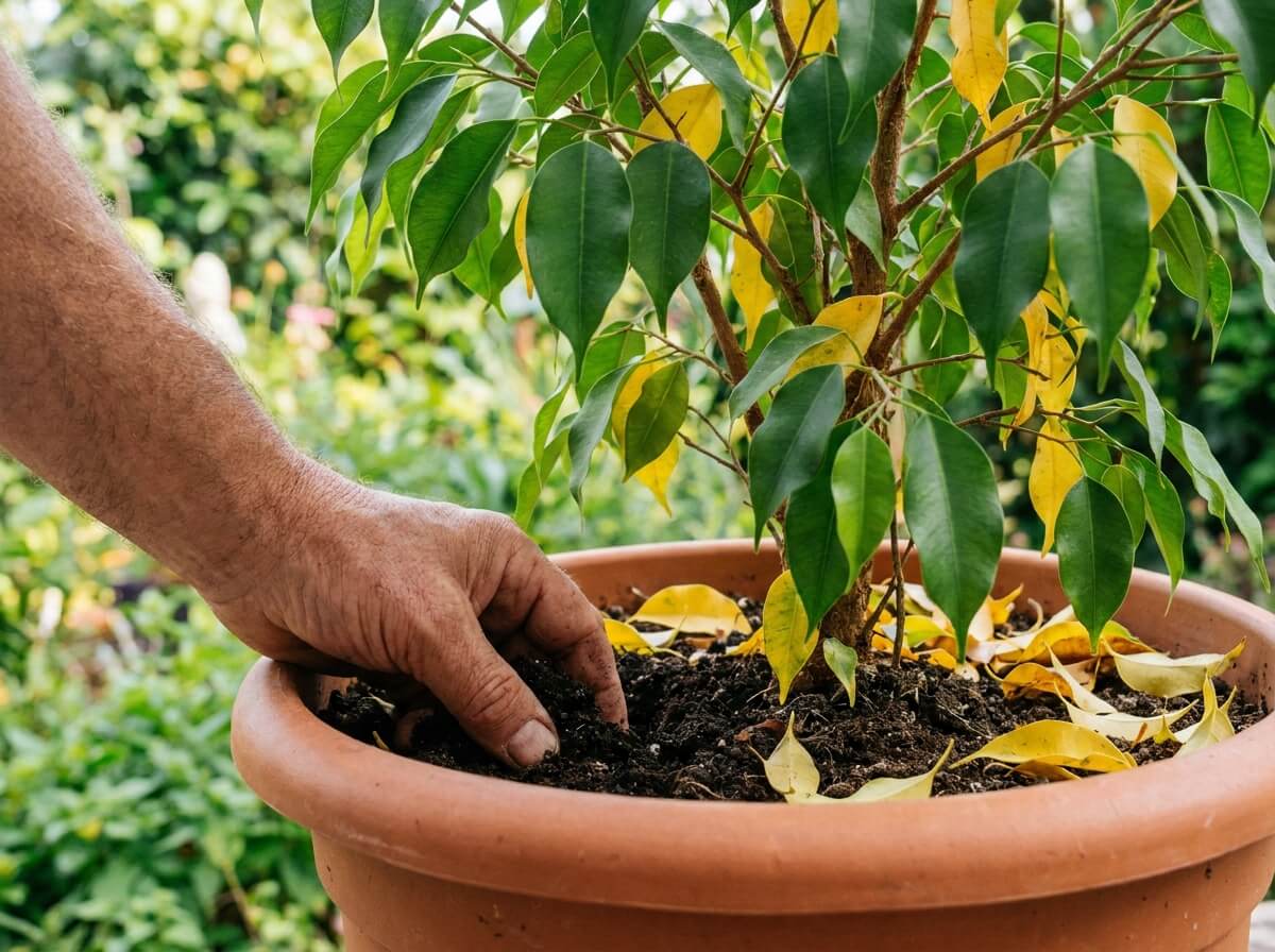 Main vérifiant l'humidité du terreau d'un ficus benjamina en pot, feuilles vert vif en arrière-plan