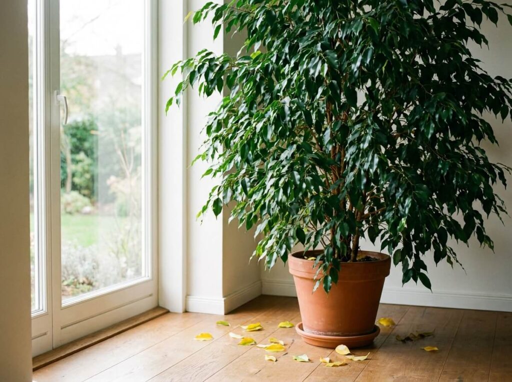 Ficus benjamina au feuillage dense et brillant près d'une fenêtre lumineuse, quelques feuilles jaunes au pied du pot