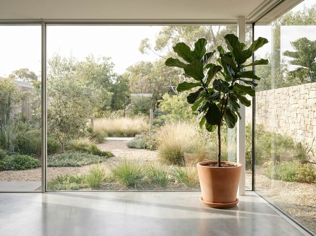 Grand Ficus lyrata en pot posé près d'une baie vitrée dans un salon clair