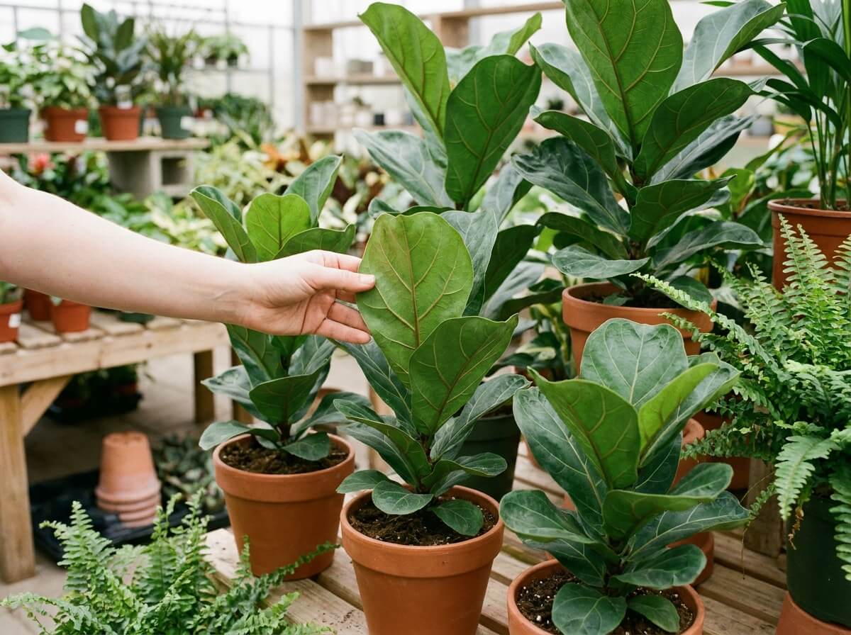 Main tenant une feuille de figuier lyre pour vérifier son revers avant l'achat