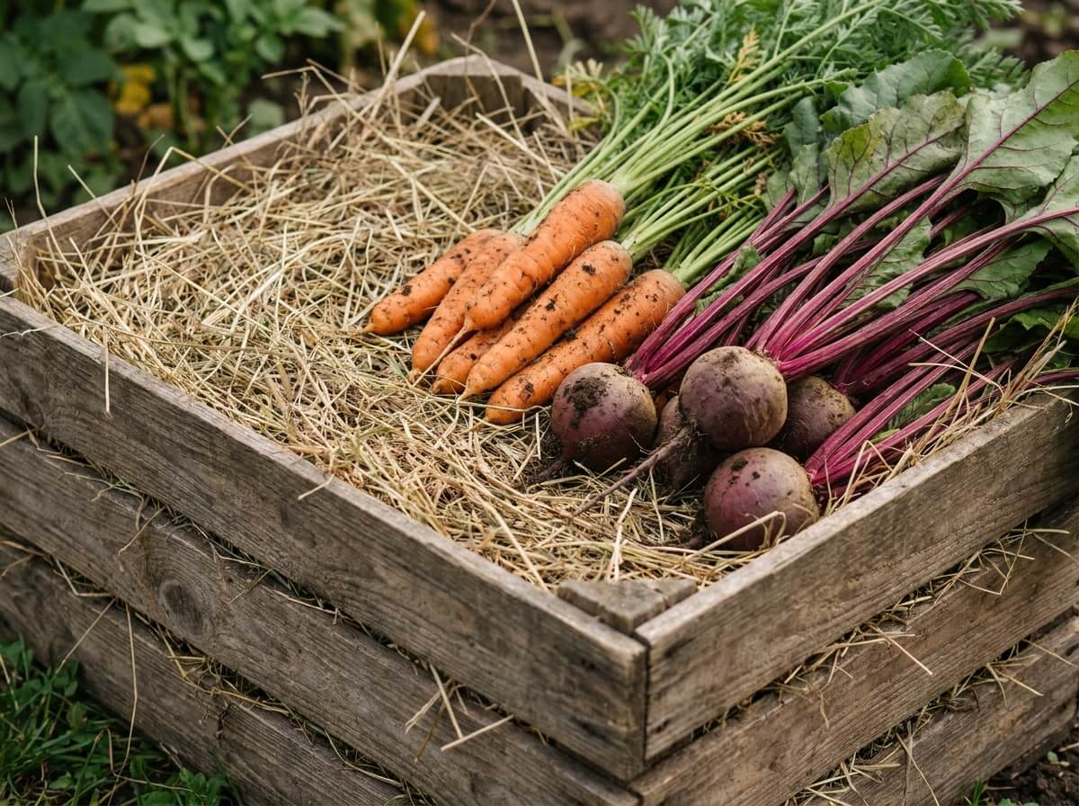 Caisse en bois garnie de foin sec où reposent carottes et betteraves fraîches bien alignées