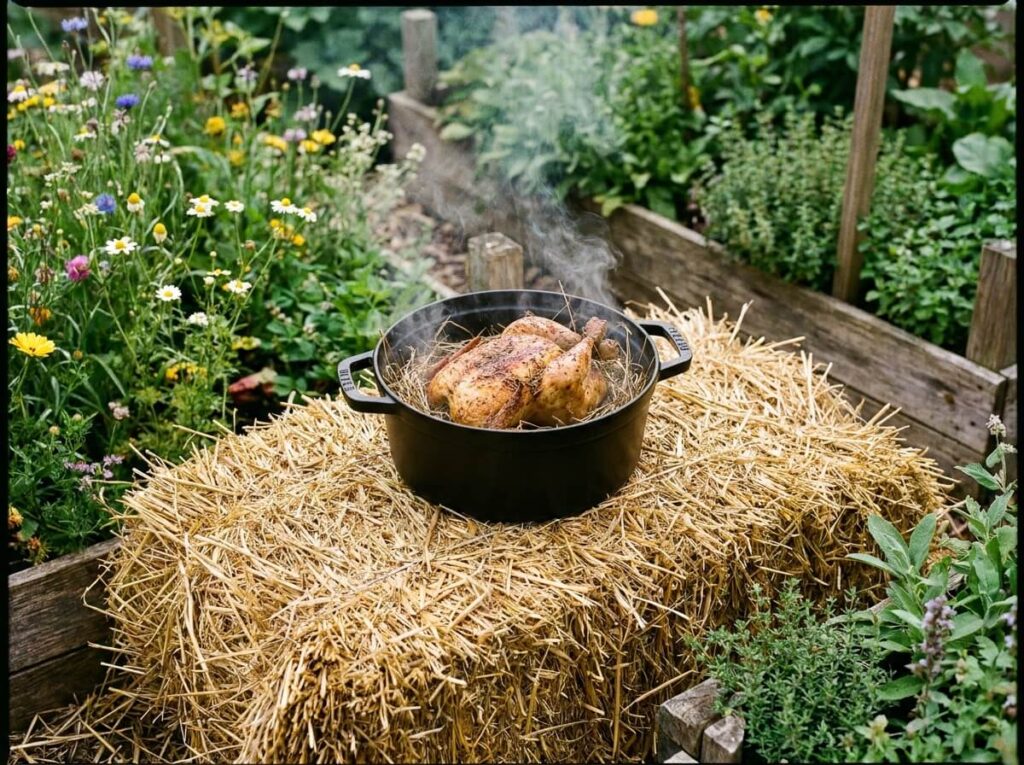 Botte de foin dorée et poulet rôti en croûte de foin dans une cocotte en fonte fumante