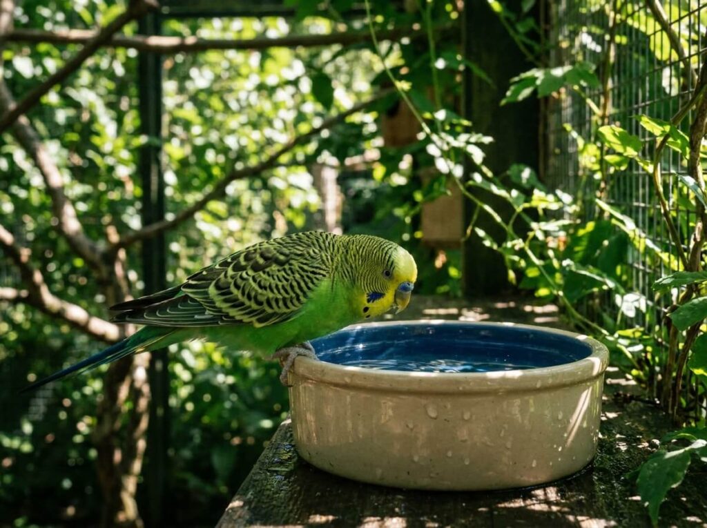 Perruche ondulée verte perchée près d'une coupelle d'eau fraîche dans une cage ombragée en été