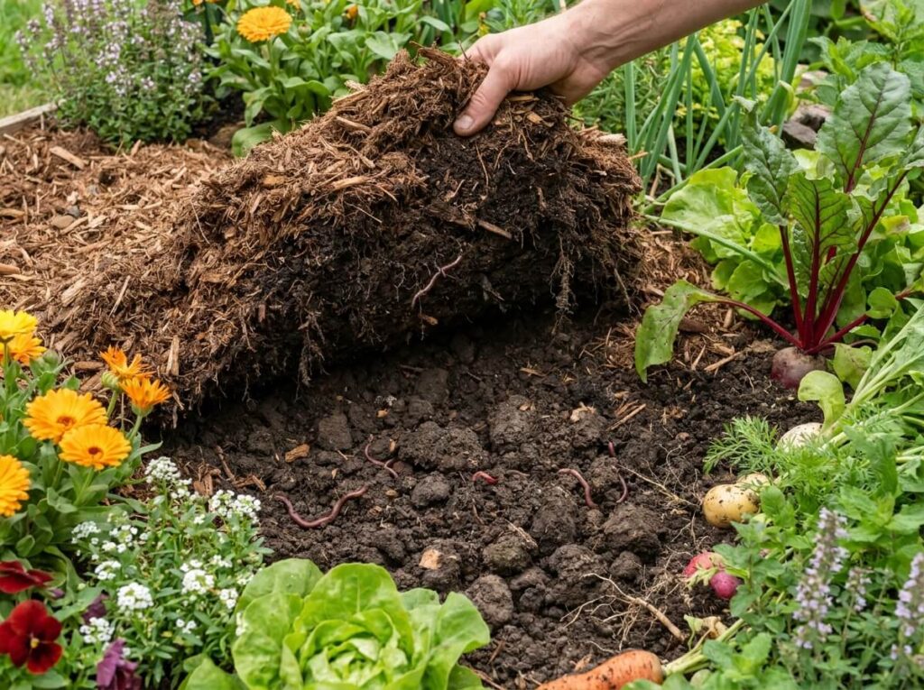 Main soulevant une épaisse couche de paillis brun sur une terre sombre et grumeleuse au potager