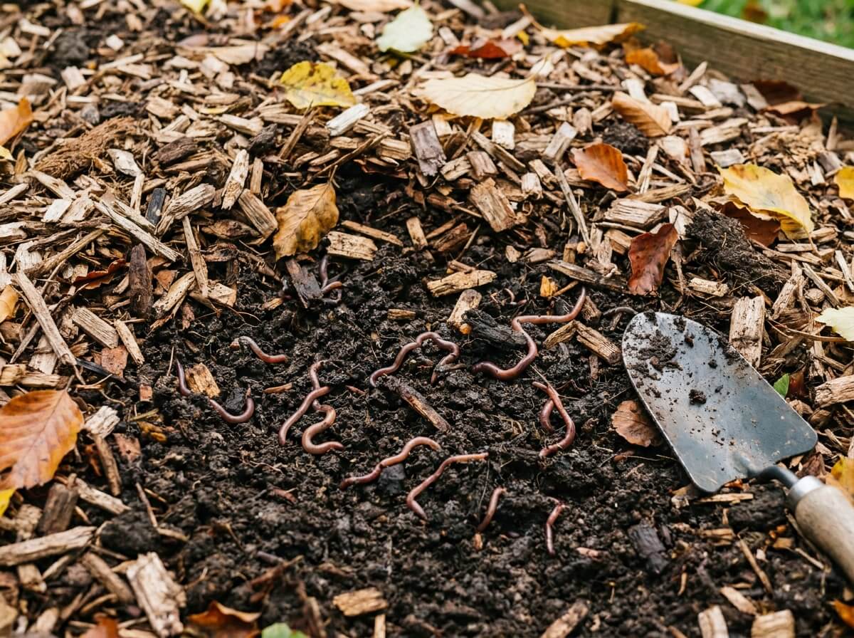 Terre argileuse ameublie et vers de terre visibles sous une couverture de broyat et feuilles
