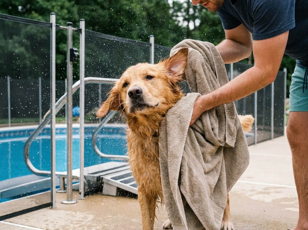 Séchage énergique d'un chien avec une serviette au niveau du poitrail et des oreilles après le bain