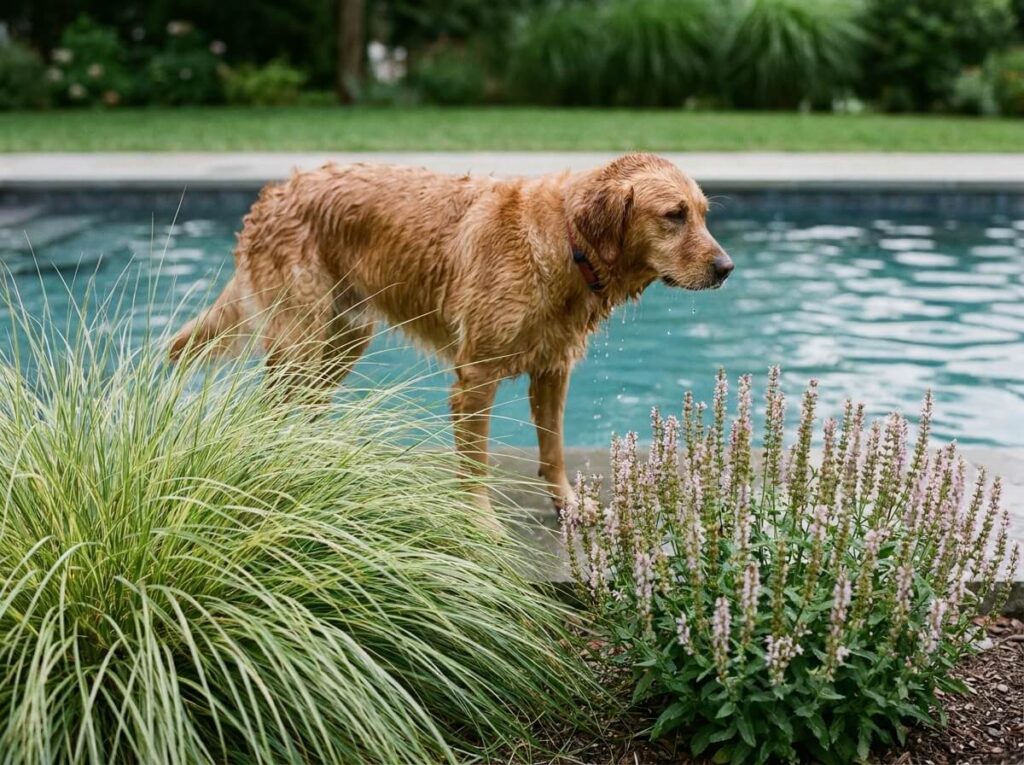 Chien trempé et immobile au bord d'une piscine, tremblements visibles après une longue baignade estivale