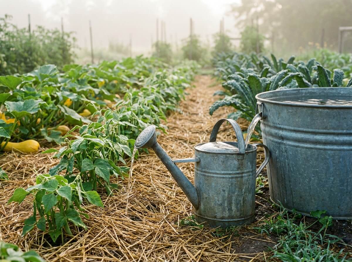 Arrosoir en zinc rempli à la cuve, rangs de légumes paillés et rosée du matin