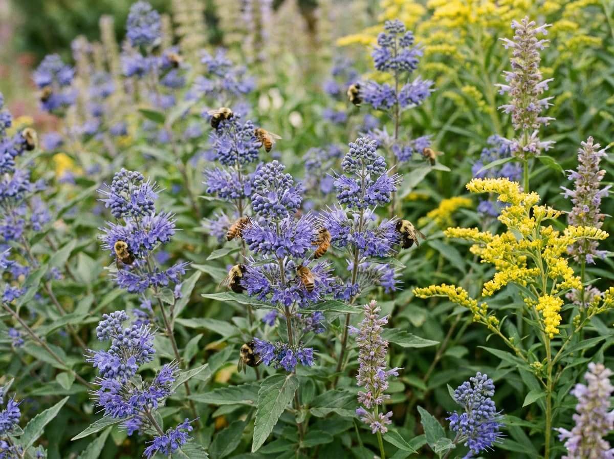 Caryoptéris en fleurs bleues visité par plusieurs abeilles en milieu de matinée