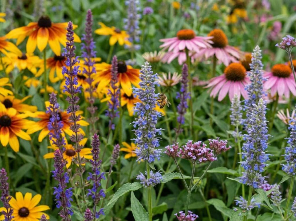 Abeille butinant un épi bleu d'agastache dans un massif de fin d'été