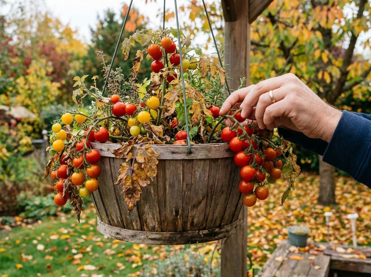 Main récoltant des tomates cerises retombantes dans une jardinière suspendue de terrasse
