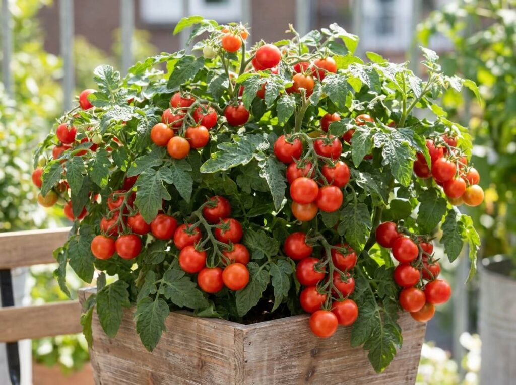 Bac de tomates cerises compactes chargé de fruits rouges sur un balcon ensoleillé en été