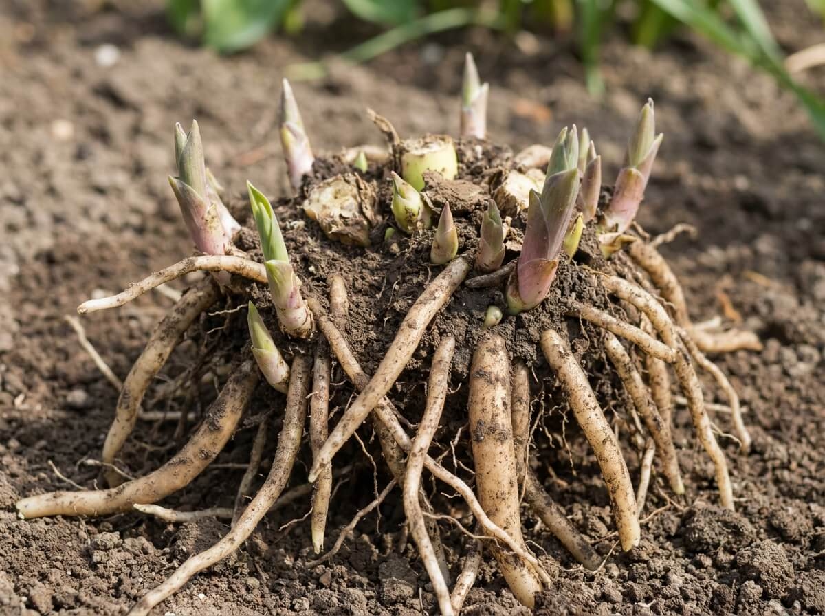 Éclat d'hosta fraîchement séparé montrant racines charnues et bourgeons, posé sur la terre