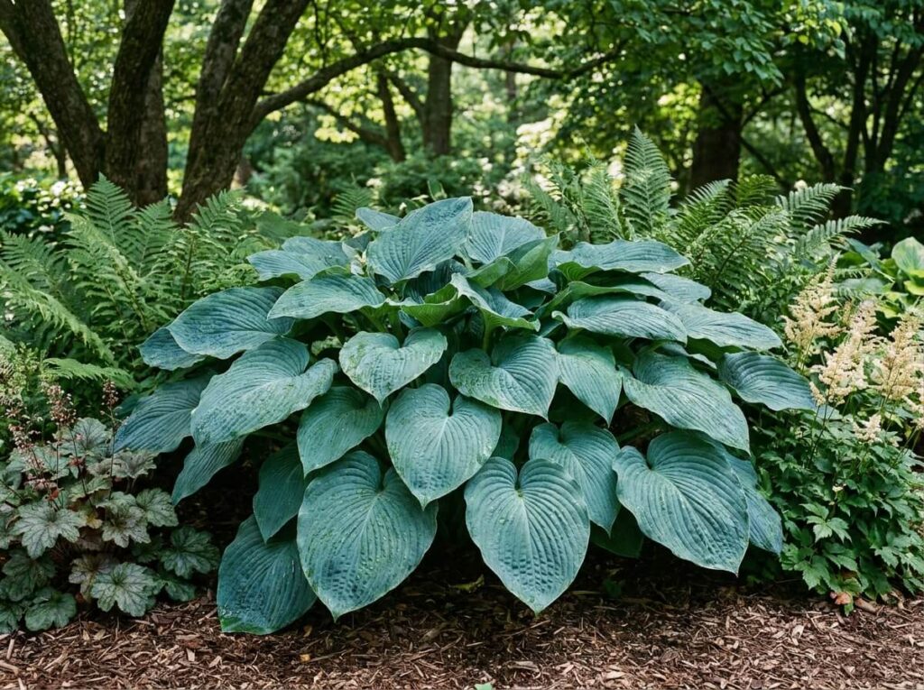 Grosse touffe d'hosta au feuillage bleu-vert luxuriant dans un massif d'ombre, fin d'été
